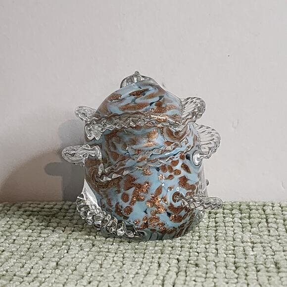 Signed Murano Art Glass Paperweight Aventurine Aqua Gold Flecks Camer Italy